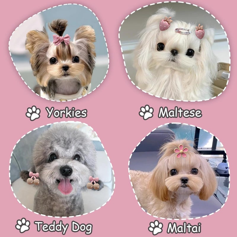 FGISAR 20 Pcs Light Pink Small Dog Hair Bows with Rubber Bands Puppy Bows for Ears Cute Grooming Flower Bowknot Strawberries Topknot Dog Hair Accessories for Small Dogs Girl Hair Ties for Yorkie Shih tzu - Image 3